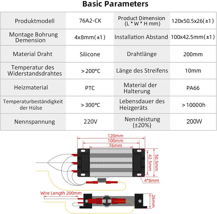 PTC Heizung 200W 220V PTC Isoliertes Keramik Lufterhitzer, PTCYIDU Keramisches Luftheizelement Konst
