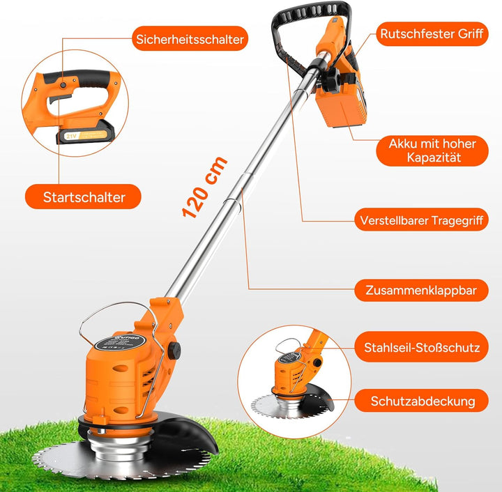 Akku-Rasentrimmer mit 2 * 21V Akku, 4 Messer, dreifach klappbarer Mäher, Rasenmäher, Akku-Gartenmähe