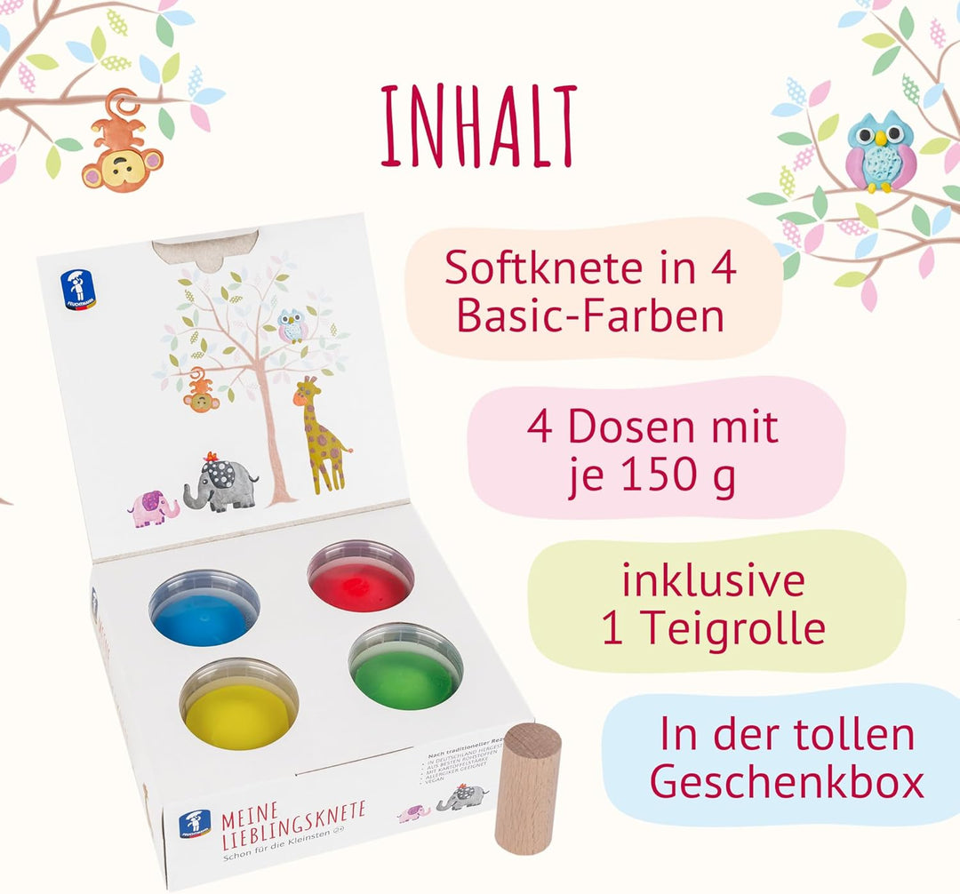 Feuchtmann MEINE LIEBLINGSKNETE mit Teigrolle - Knetset 4x150g, vegane glutenfreie Knete, natürliche