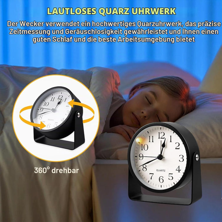 Wecker Analog - Ohne Ticken Mit Nachtlichtfunktion, Metall Mit 360° Drehbarer, Lauter Alarm Geräusch