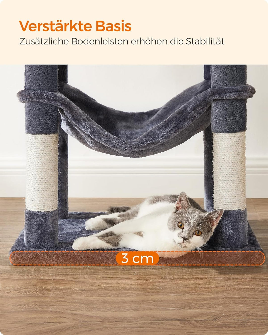 Feandrea Kratzbaum, 143 cm hoch, Katzenbaum, mehrstöckige Katzenhaus, mit 4 Kratzsäulen, 2 Plattform