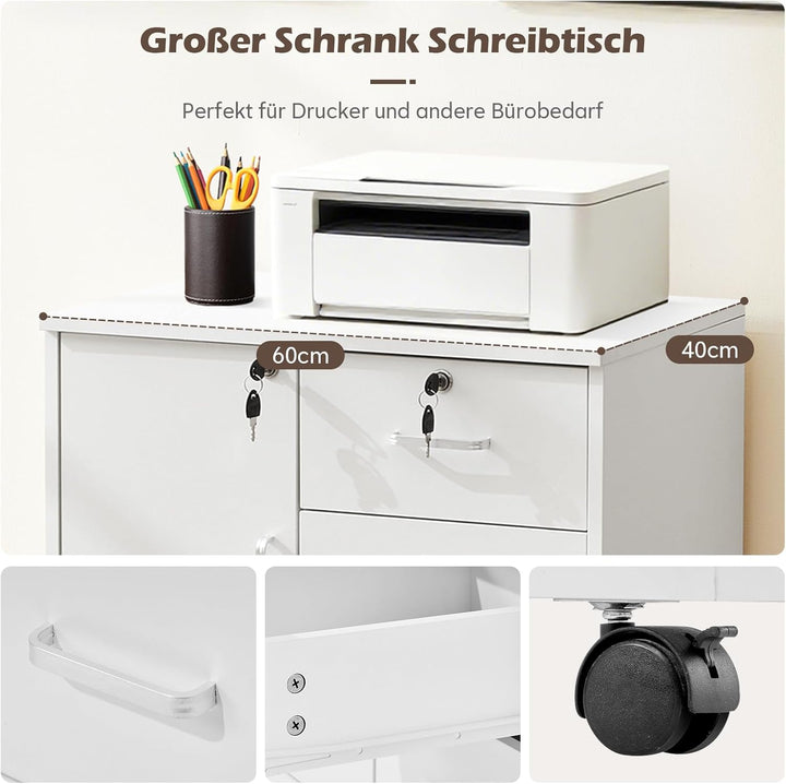 TUKAILAI Rollcontainer Aktenschrank aus Holz, Abschliessbar Büroschrank mit 3 Schubladen und Tür, Mo