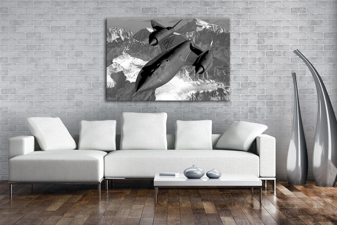 schwarzer Jet über den Bergen Effekt: Schwarz/Weiss im Format: 80x60 als Leinwandbild, Motiv fertig