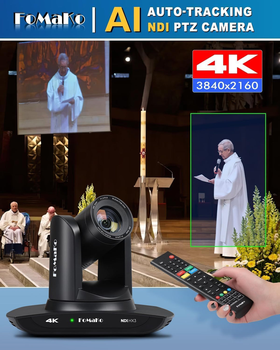 FoMaKo 4K 30x NDI PTZ Kamera, 30x Optischer Zoom, KI Auto-Tracking Gen 3, 3G-SDI HDMI LAN USB 3.0 PT