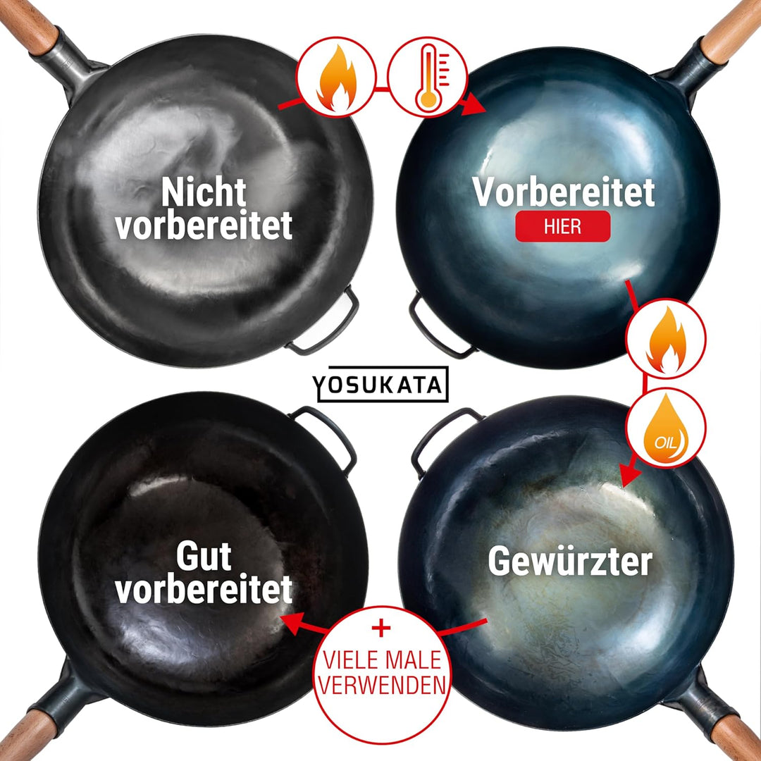 YOSUKATA Karbonstahl Woks & Wokpfannen (36 cm) -Voreingebrannter Wok Pfanne Carbonstahl Runder Boden