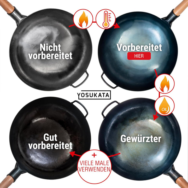 YOSUKATA Karbonstahl Woks & Wokpfannen (36 cm) -Voreingebrannter Wok Pfanne Carbonstahl Runder Boden