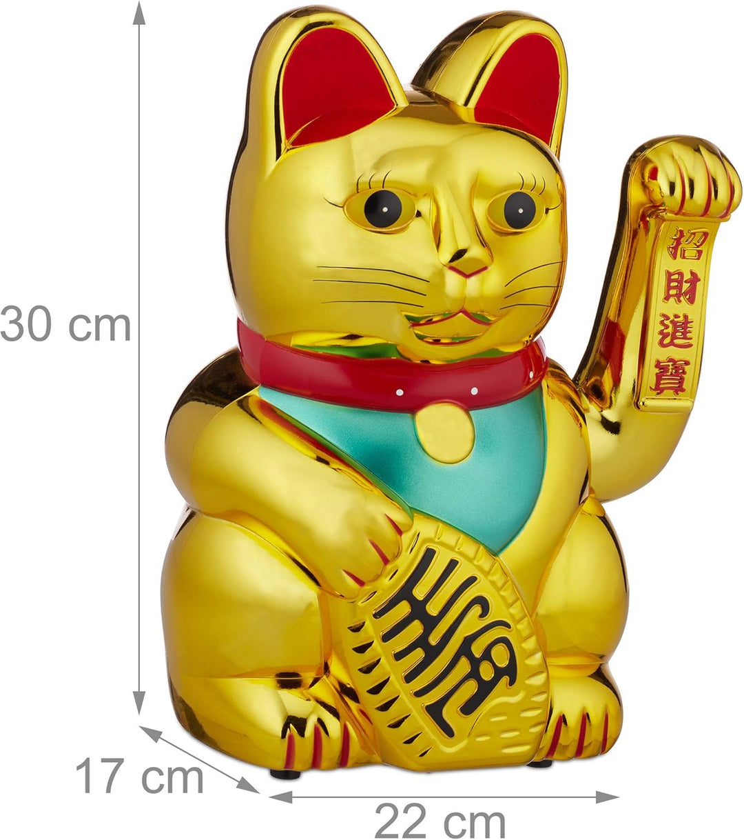 Relaxdays, gold Winkekatze, XL Maneki Neko, batteriebetriebene winkende Pfote, Glücksbringer für Rei