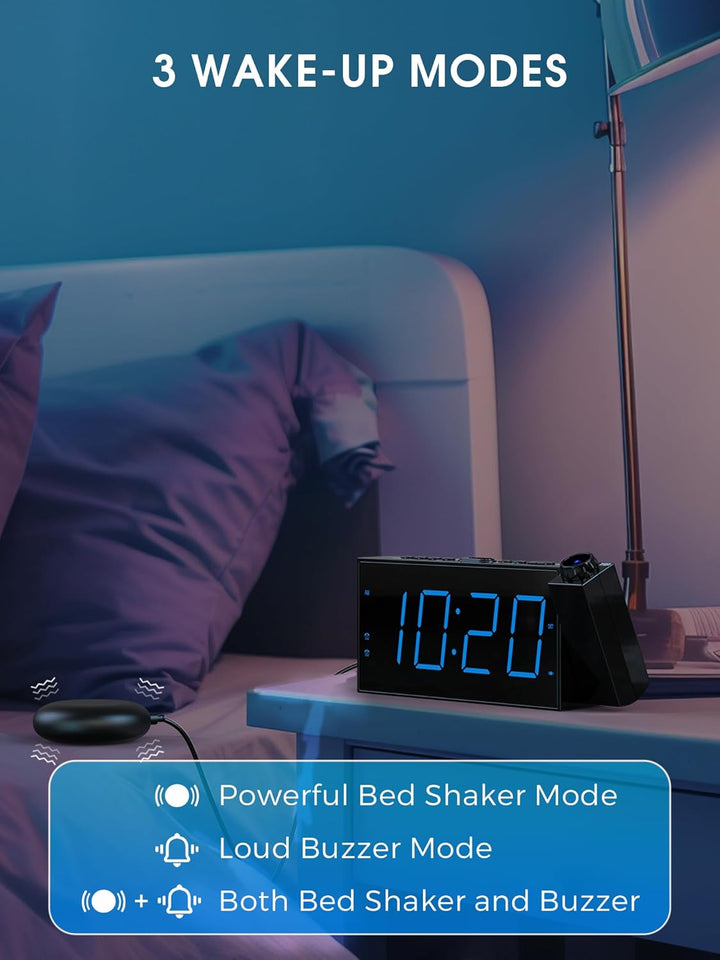 Mesqool Projektionswecker für Schlafzimmer, Lauter Vibrationswecker für Schwerschläfer, Hörgeschädig
