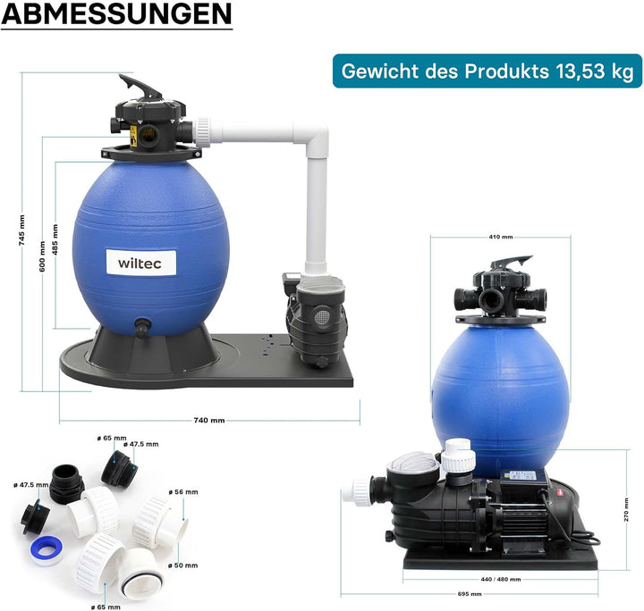 Wiltec Sandfilteranlage 550 W mit 38l Filtertank und selbstansaugender Pumpe 18000 l/h, Sandfilterpu