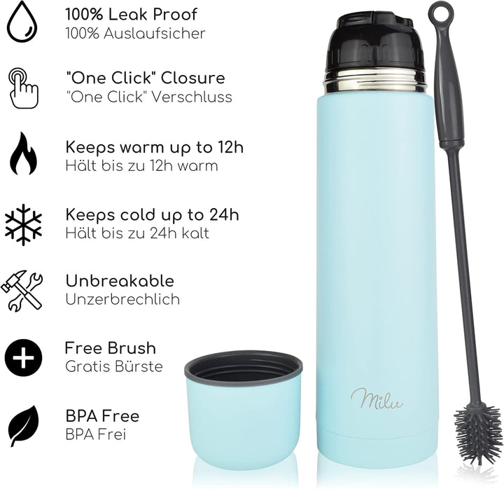Milu Thermosflasche Thermoskanne Isolierflasche 1L, 750ml, 500ml - Isolierte Edelstahl Trinkflasche,