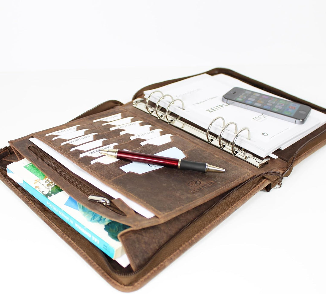 ALMADIH Leder A5 Organizer Reissverschluss + Kalender 2024 Schreibblock BV Premium Rindsleder Lederm