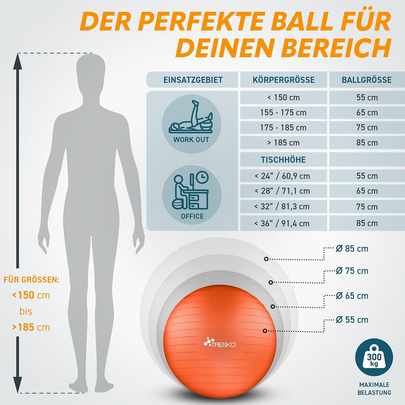 TRESKO® Gymnastikball BPA-Frei inkl. Luftpumpe | Ball für Fitness, Yoga, Gymnastik, Schwangerschaft,