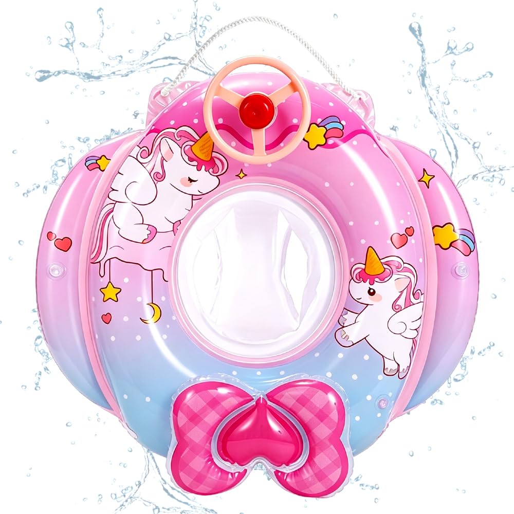 Baby Schwimmring Einhorn, Baby Schwimmhilfen, mit Lenkrad und Sitz, Einhorn Aufblasbarer Schwimmring