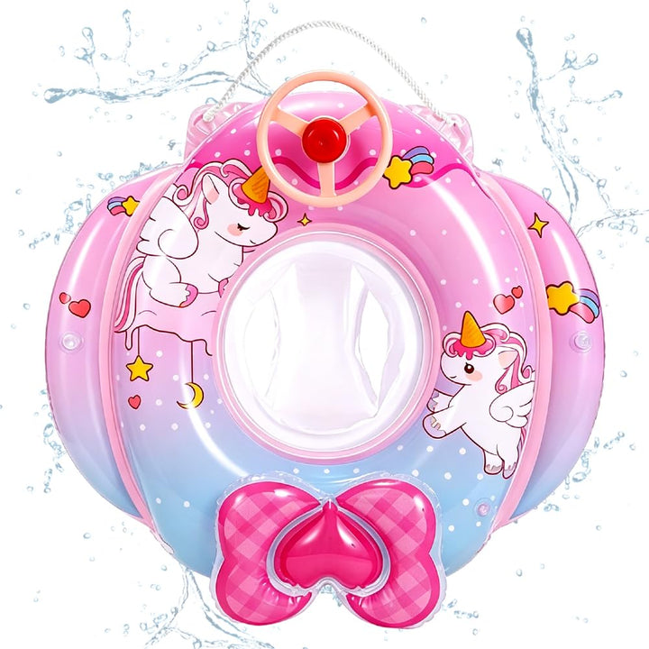 Baby Schwimmring Einhorn, Baby Schwimmhilfen, mit Lenkrad und Sitz, Einhorn Aufblasbarer Schwimmring