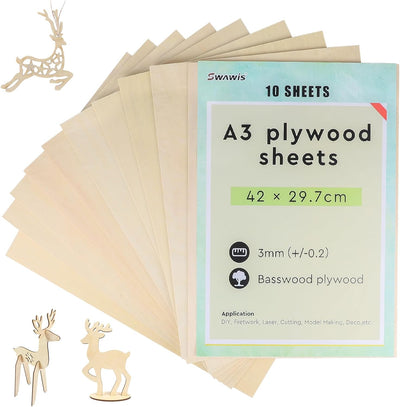 SWAWIS 10 Stück A3 Sperrholzplatte 3mm, Sperrholz Lindenholz 420 * 300mm, Bastelholz-Platten, Holz P