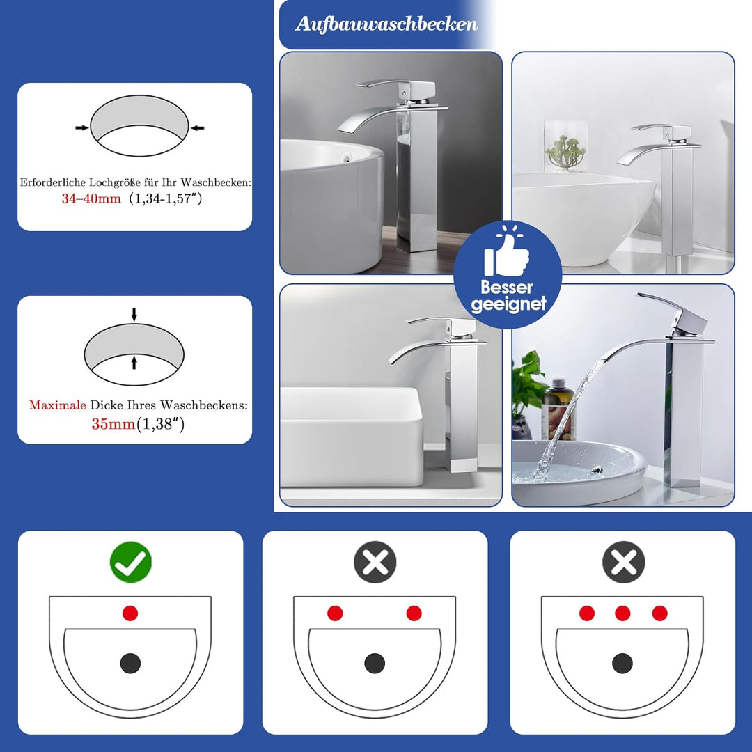 Hoch Wasserhahn Bad, Wasserfall Einhebel Waschtischarmatur, Mischbatterie Waschbecken Kaltes und Hei
