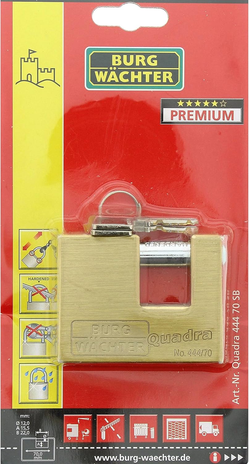 Burg Wächter Bügelschloss 444 70 Quadra Zylinder-Vorhangschloss , messing, 12,0 x 22,0 x 16,5 mm