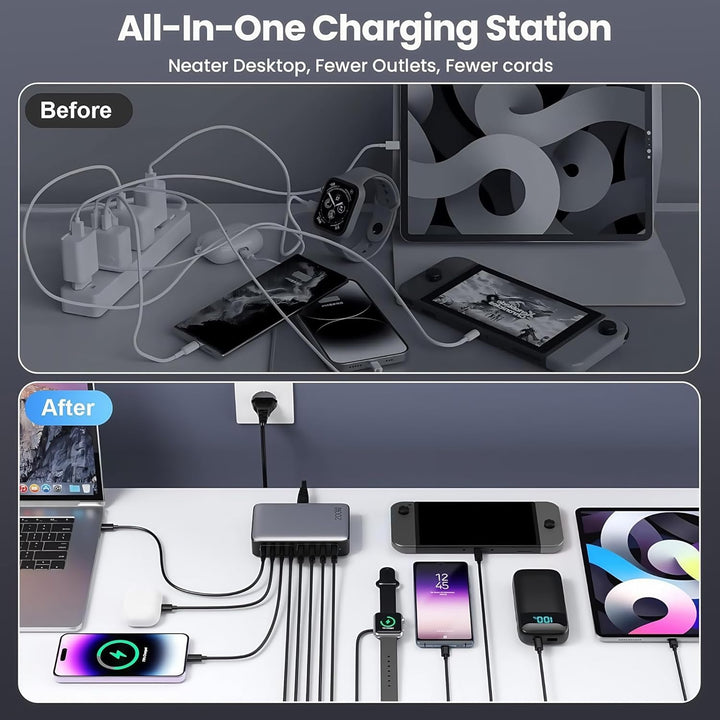 USB C Ladegerät 8-Port Charger Adapter Handy Ladestation 200W USB Netzteil mit 4*USB-C 4*USB-A-Ladep
