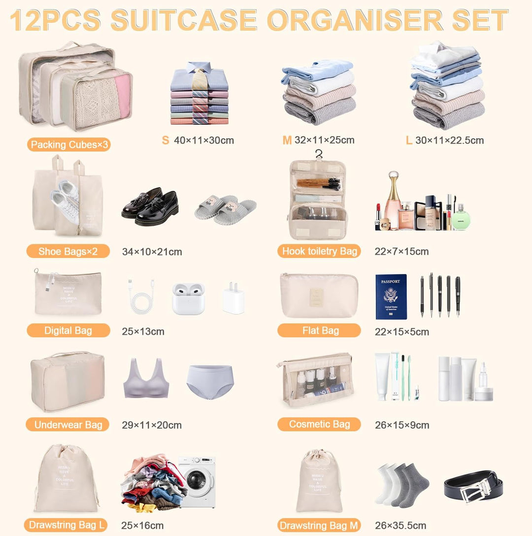 12-tlg. Kofferorganizer, Kofferorganizer, wasserdicht, mit Packtaschen, Kleiderbeutel, Kosmetiktasch
