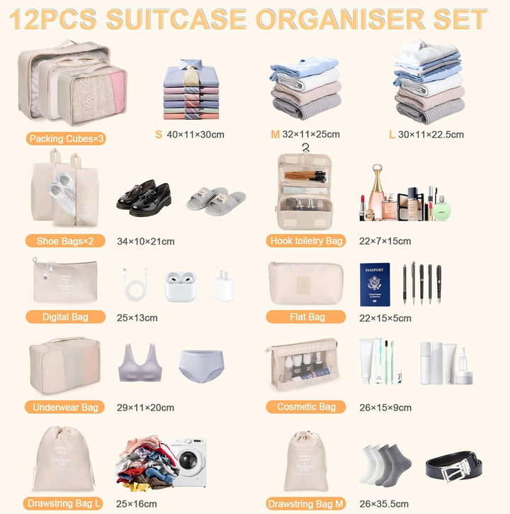12-tlg. Kofferorganizer, Kofferorganizer, wasserdicht, mit Packtaschen, Kleiderbeutel, Kosmetiktasch