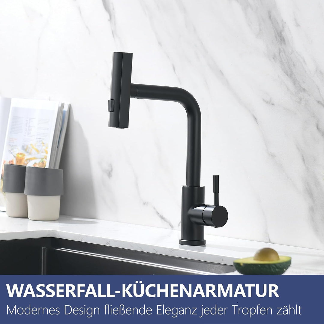 AIMADI Küchenarmatur ausziehbar Schwarz, Wasserhahn Küche mit 3-Wege-Duschbrause & 38cm Schlauch, Ei