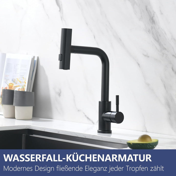 AIMADI Küchenarmatur ausziehbar Schwarz, Wasserhahn Küche mit 3-Wege-Duschbrause & 38cm Schlauch, Ei