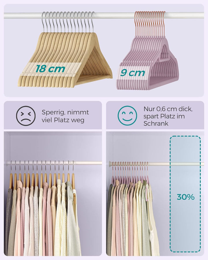 SONGMICS Kleiderbügel Samt, 50er Set, Bügel, rutschfest, kleine Stange für Krawatten, 360° drehbarer