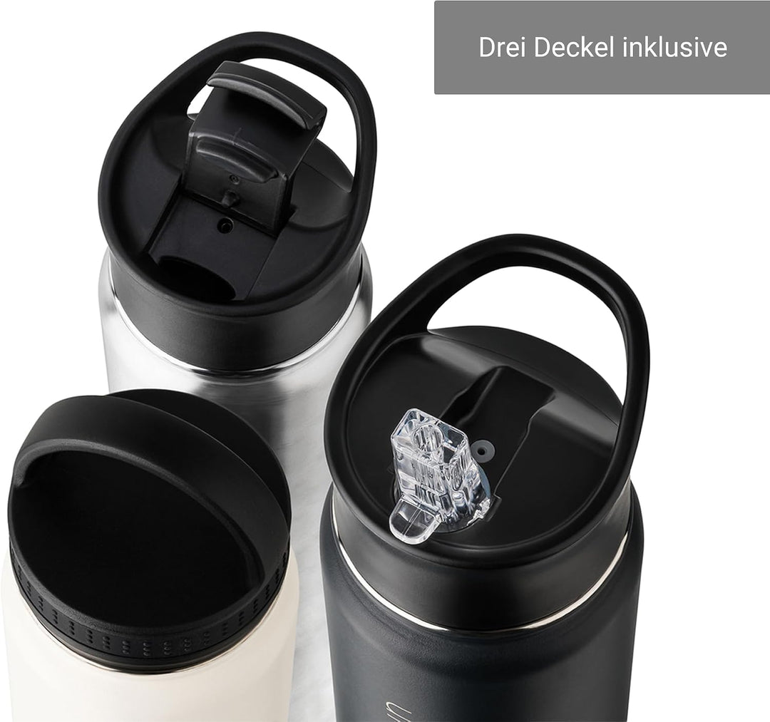Vinsun Edelstahl Trinkflasche 750ml mit Strohhalm Deckel - 3 Deckel inkl. | Strohhalm, Trinköffnung,