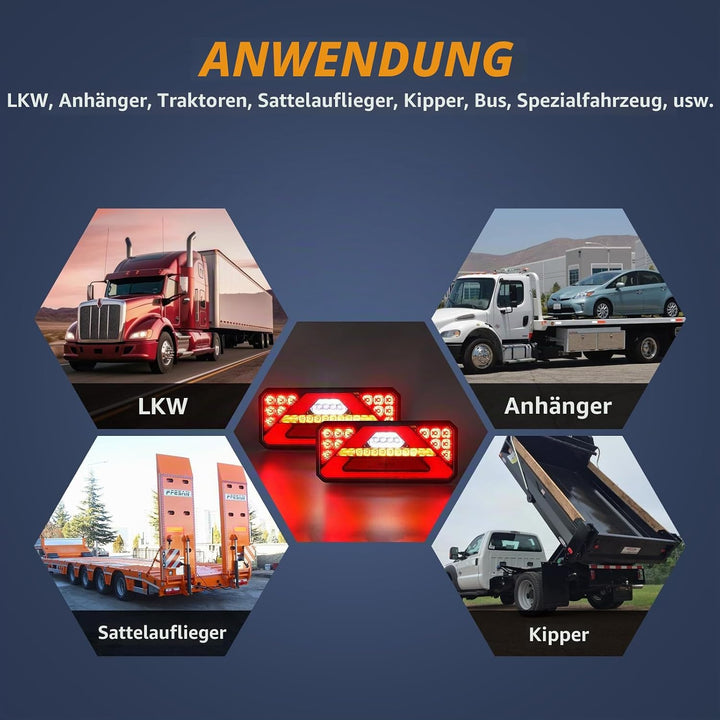 2 Stück LED Anhänger Rücklicht, 12V 24V Rückleuchten, IP67 Wasserdicht mit Fahr, Brems, Lenk, Rückfa