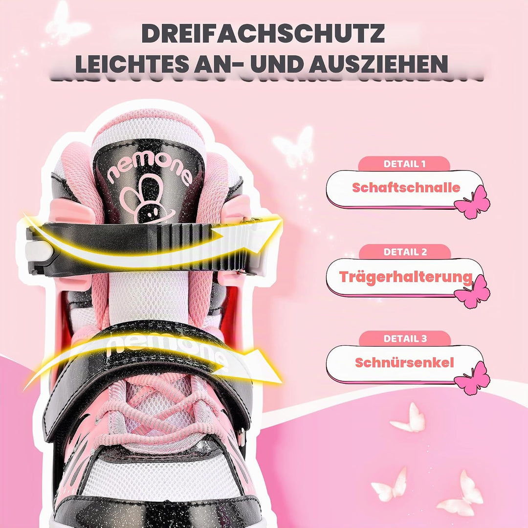 NEMONE Rollschuhe für Mädchen Kinder 4 Grössen Verstellbar Blau Violett Rollschuhe für Kinder Drinne