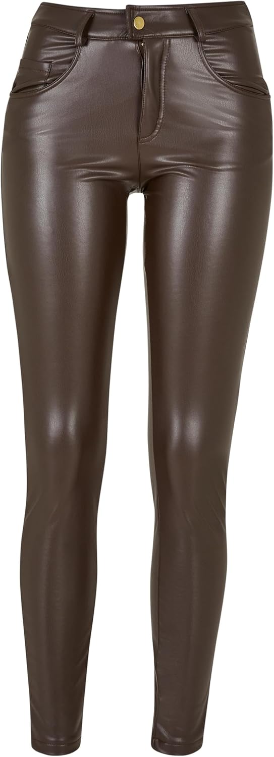 Urban Classics Damen Ladies Mid Waist Synthetic Leather Pants 27 Brown, 27 Brown