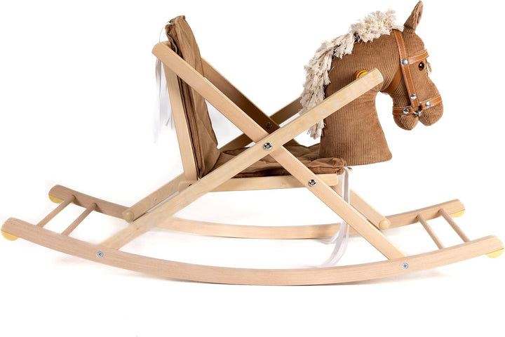 Schaukelpferd Holz mit weichem Cord