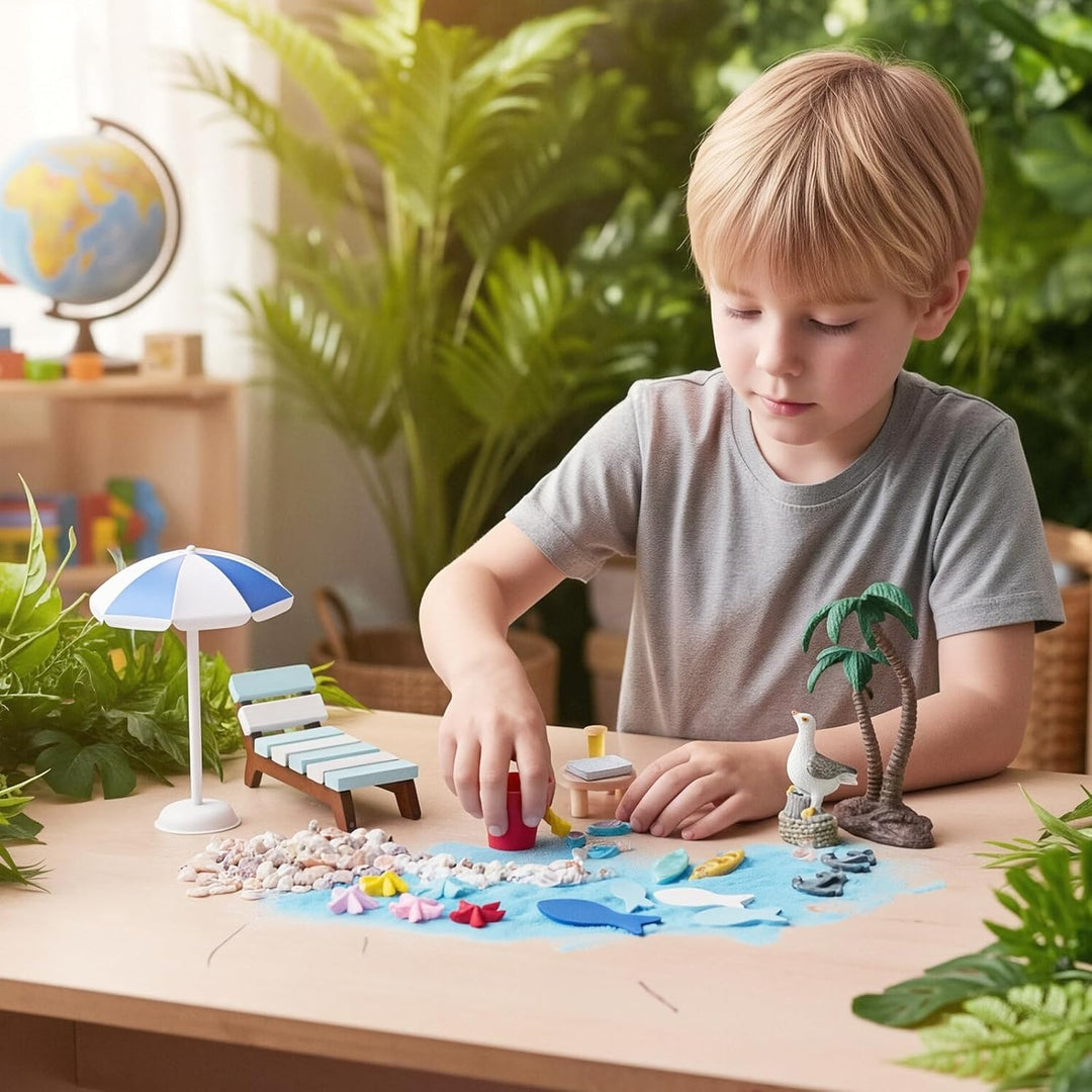 22 Stück Strand Mikrolandschaft, Strand Deko Miniatur Set, Mini Liegestuhl Kleine Tisch Schirm Palme