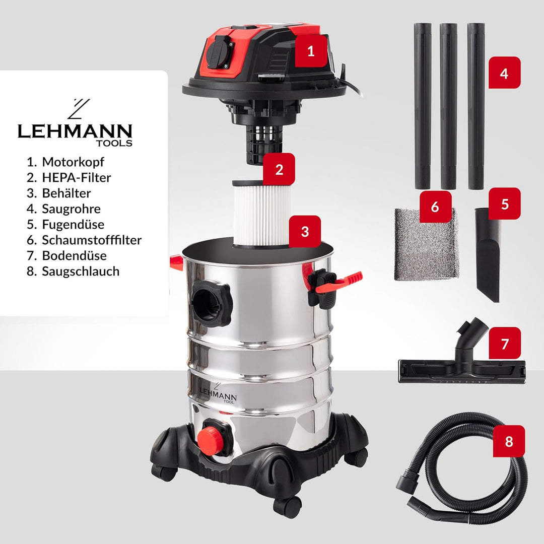 LEHMANN Industriestaubsauger mit Steckdose 2000W, Nass Trockensauger mit 30L Metallbehälter, Blasfun