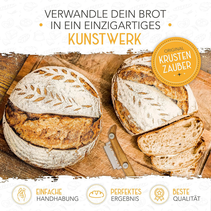 KRUSTENZAUBER Gärkörbchen zum Brotbacken + Bäckermesser - Set aus 2x Gärkorb und 2x Teigritzmesser -