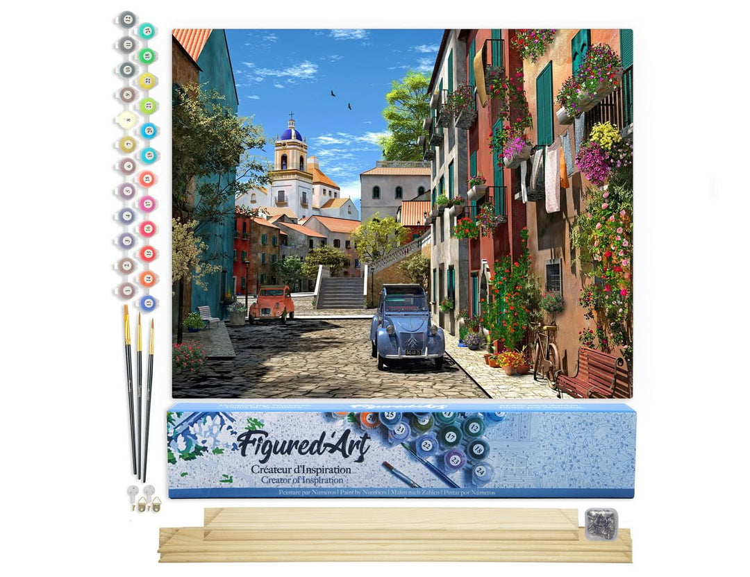 Figured'Art Malen Nach Zahlen Erwachsene Mit Rahmen Gasse mit 2CV - Paint by Numbers Basteln DIY Bas