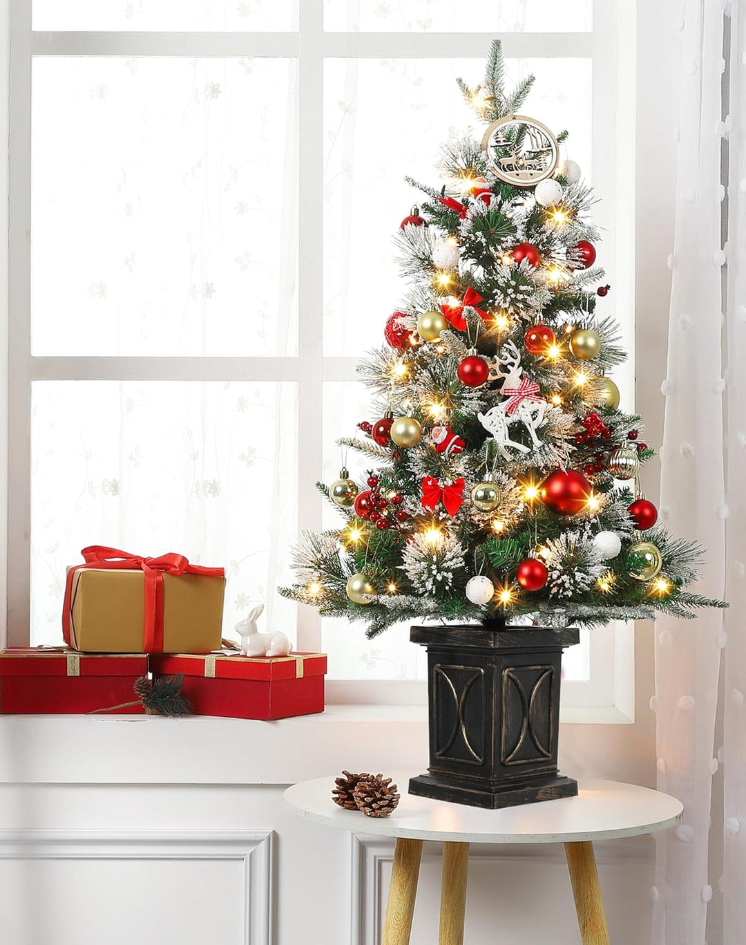 2PCS Weihnachtsbaum Künstlich 90 cm mit 78 Beleuchtung, Snow Flocked Künstlicher Weihnachtsbaum Batt