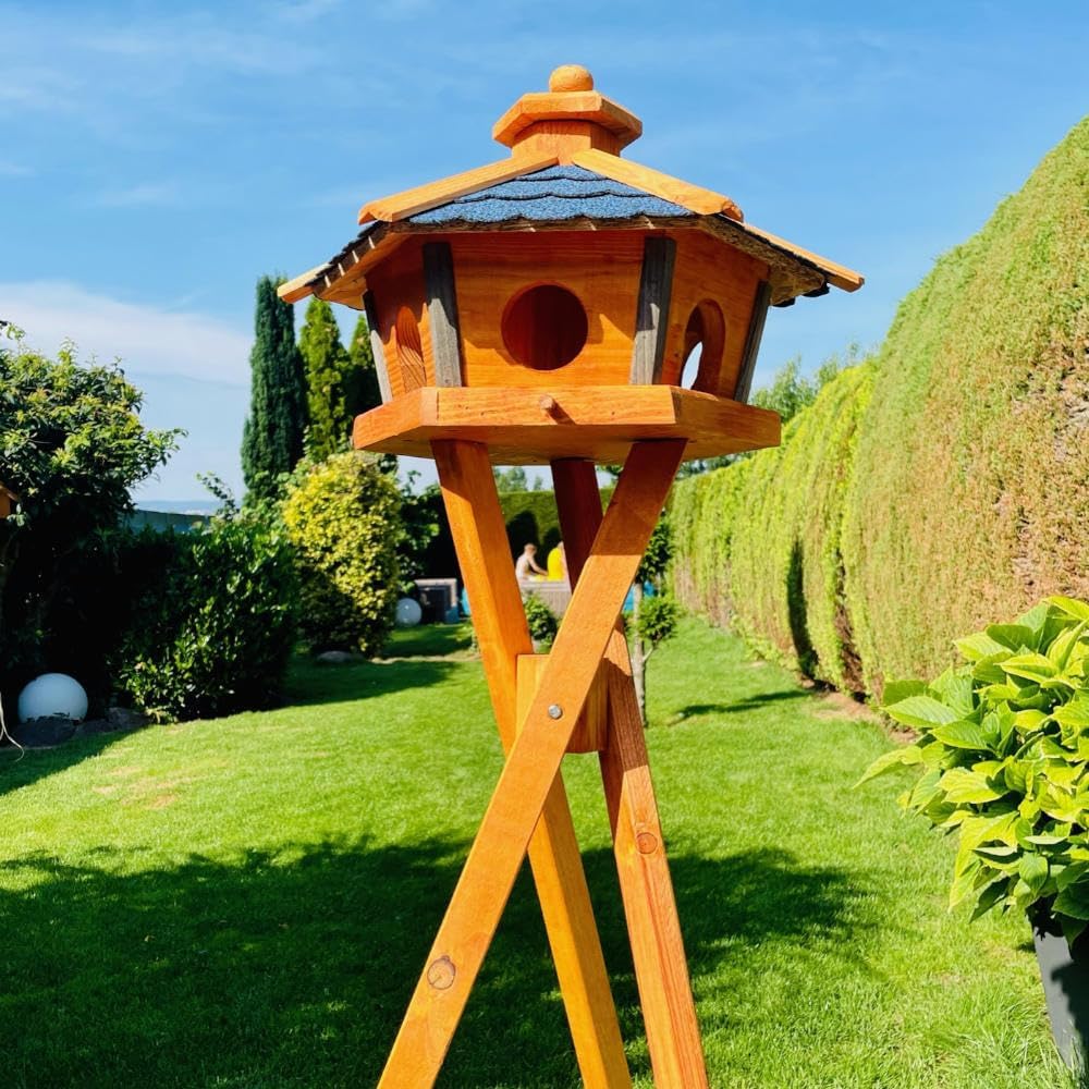 Vogel Futter Haus L oder XL Sechseck Holz Vogelhaus Futterstelle Braun/Blau, Rot, Schwarz und Grün (