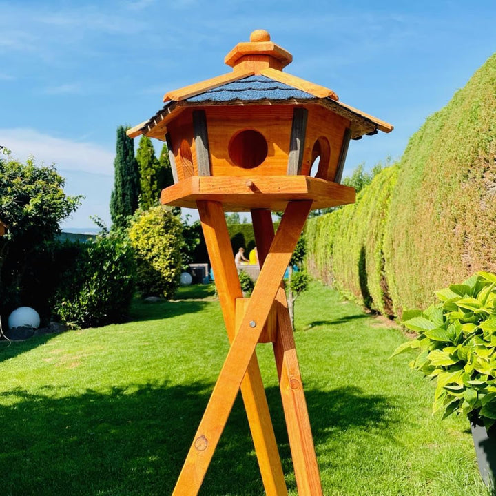 Vogel Futter Haus L oder XL Sechseck Holz Vogelhaus Futterstelle Braun/Blau, Rot, Schwarz und Grün (