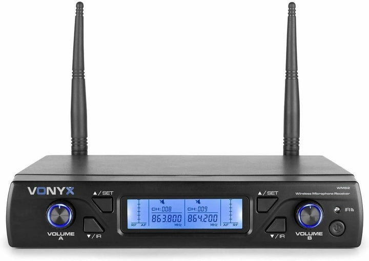 Vonyx WM62 2 kabellose Mikrofone und Empfänger - 16 UHF-Kanäle | 2 Handmikrofone, 16 UHF-Kanäle, IR-