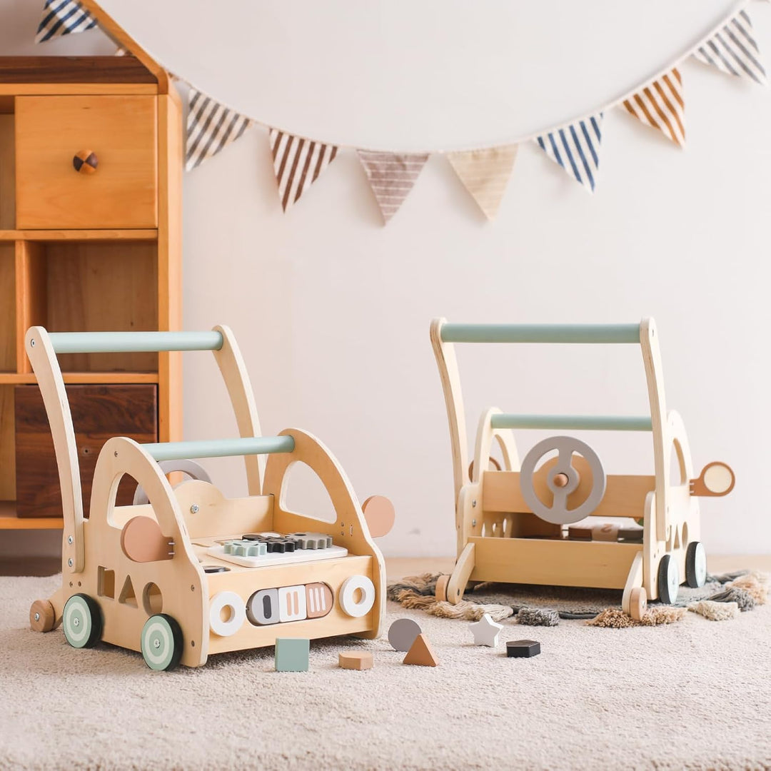 Lauflernwagen Holz, Multifunktion Montessori Spielzeug mit Formensortierung Spielbrett, Lauflernhilf