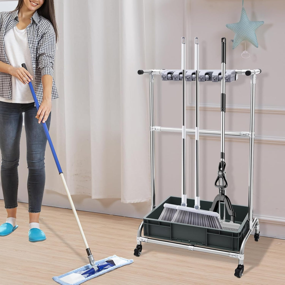 Mopphalter mit Rollen, Besenhalter Standregal aus Edelstahl, Reinigungsgeräte Organizer mit Auffangs