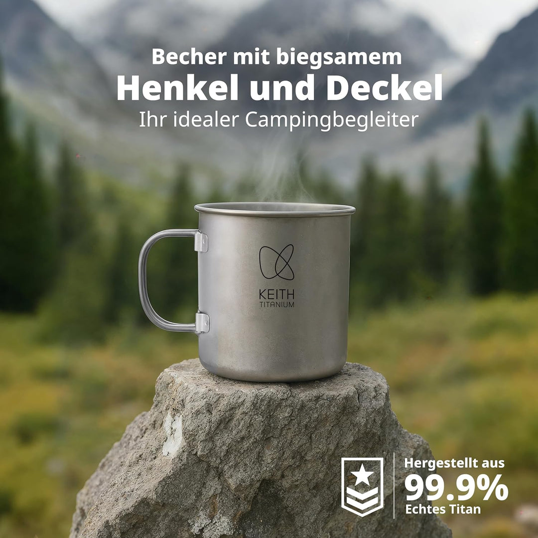Keith Titanium Einwandiger Titanbecher, Tragbarer Kaffeebecher mit Deckel & klappbarem Henkel, Trink