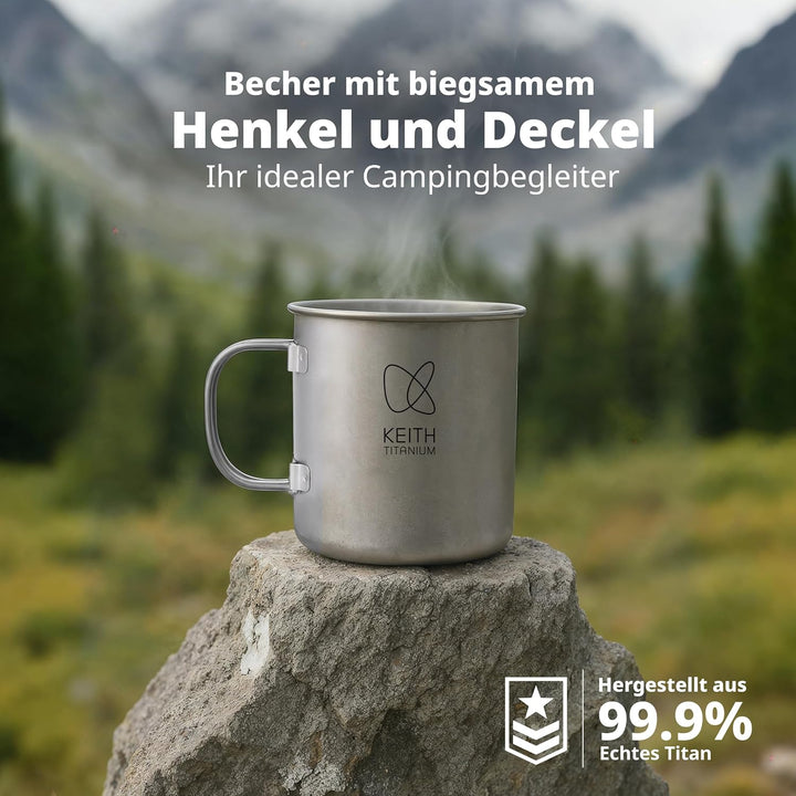 Keith Titanium Einwandiger Titanbecher, Tragbarer Kaffeebecher mit Deckel & klappbarem Henkel, Trink