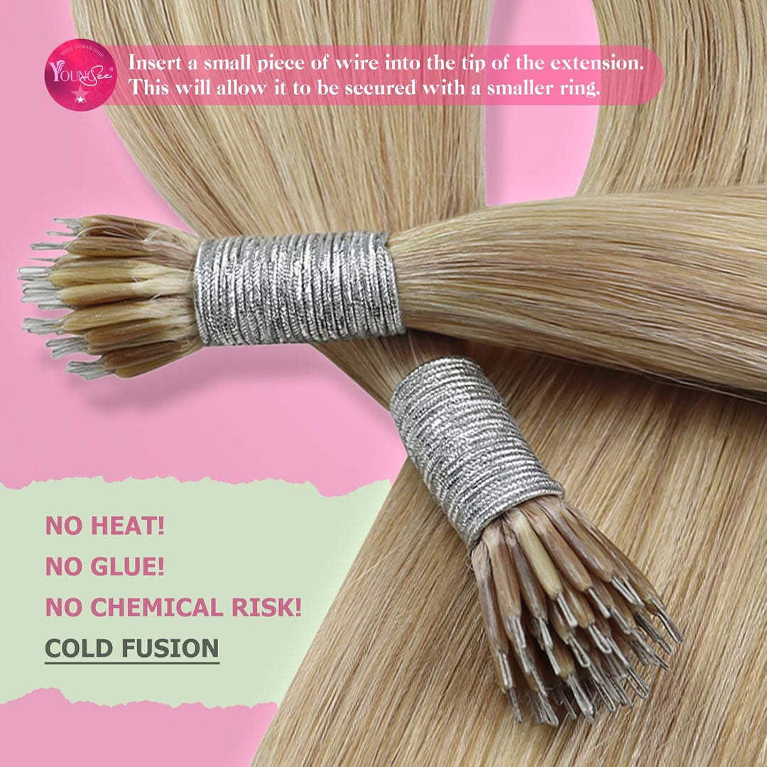 YoungSee Nanoring Extensions Echthaar Blond Nanoring Extensions Goldblond Strahnchen Mittelblond Nan