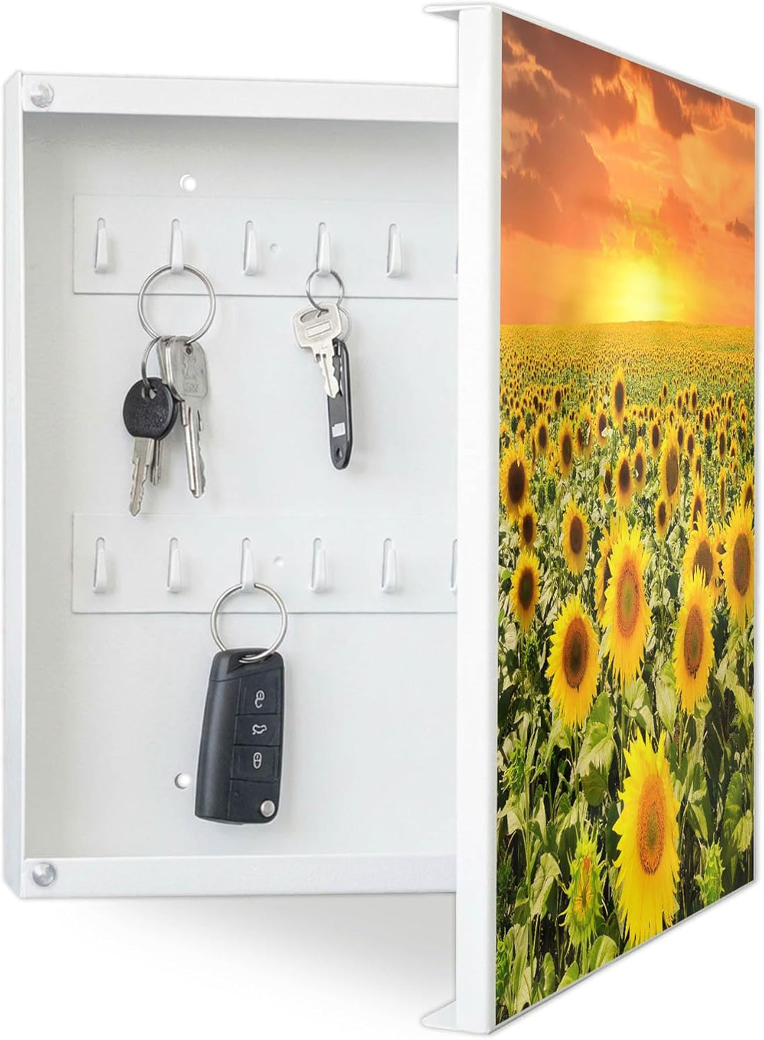 banjado® Grosser Schlüsselkasten Glas/Schlüsselbox 30cm x 30cm mit 50 Haken - Motiv Sonnenblumenmeer