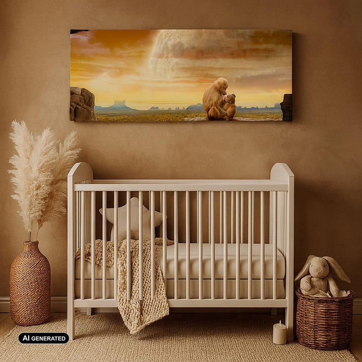 Wandbilder Dekoration Wohnzimmer Affen Mutter Natur Berg Panorama Bilder auf Leinwand 120x50cm Leinw