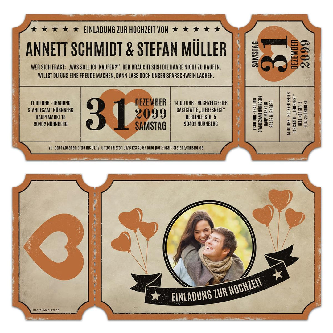 Kartenmachen.de Lasergeschnittene Foto Hochzeitseinladungen (10 Stück) - Vintage Ticket Luftballons