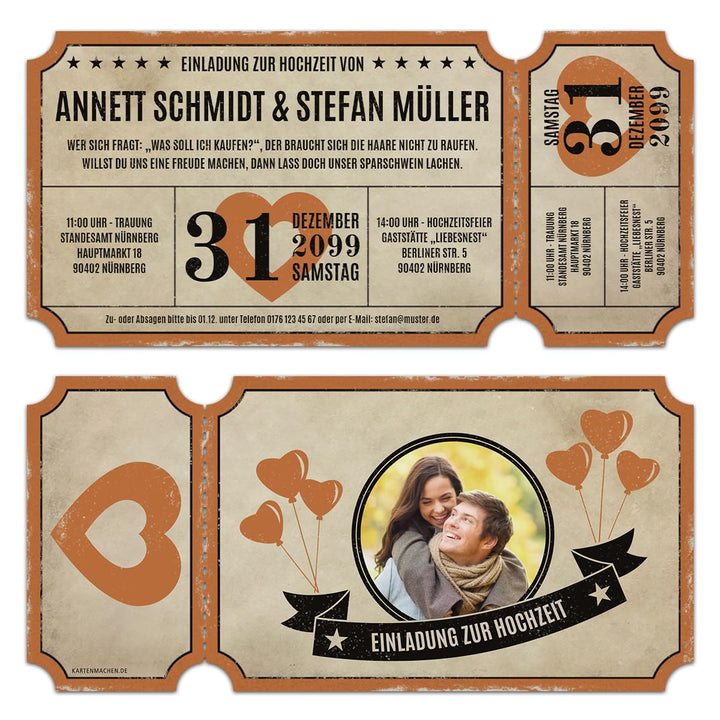 Kartenmachen.de Lasergeschnittene Foto Hochzeitseinladungen (10 Stück) - Vintage Ticket Luftballons