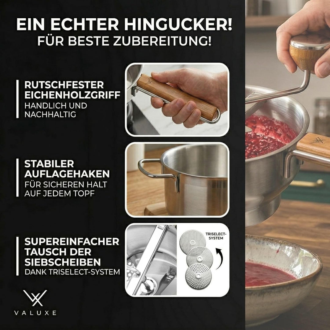 VALUXE® Premium Passiermühle Edelstahl mit 3 Passiersieb-Einlagen – mit 2,3 L Füllvolumen und rutsch